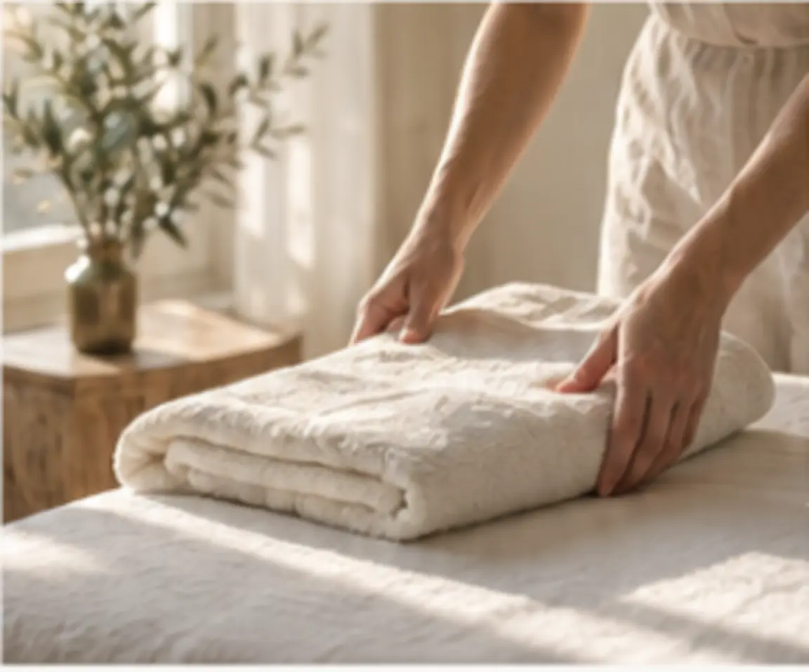 Alina preparing fresh linen for an at-home massage